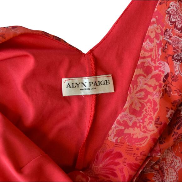 Y2K Red Floral Chiffon Sleeveless V-Neck Midi Dress - Size Medium Large - Picture 4 of 8